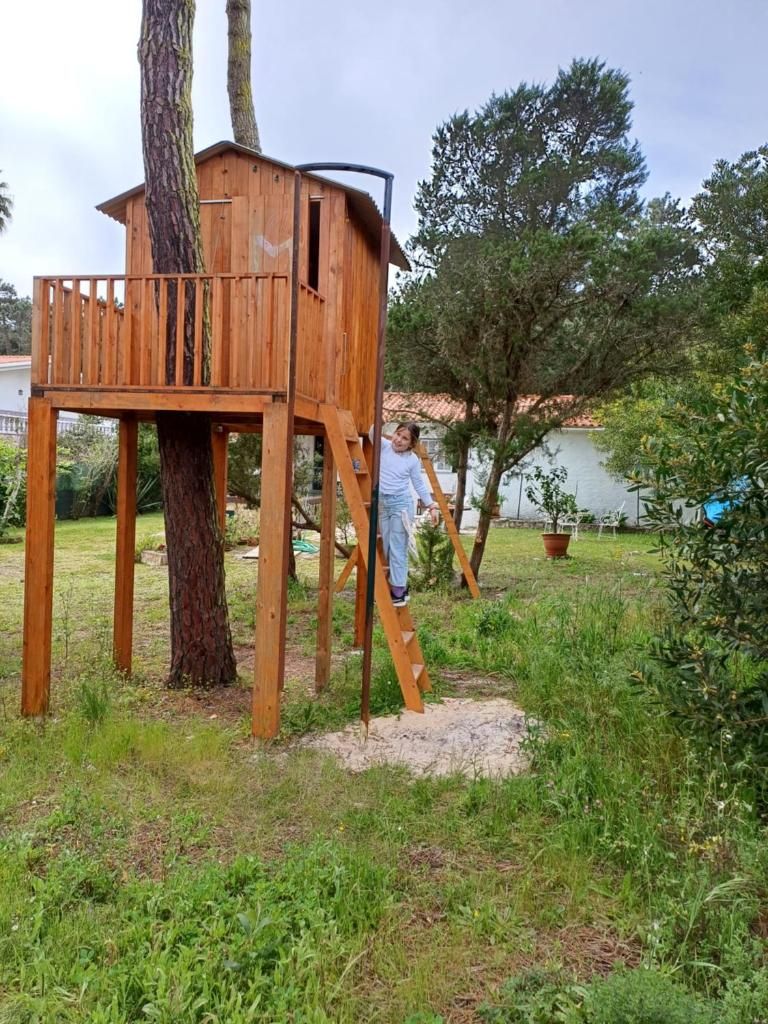 Casa na árvore vista de fora, com escada