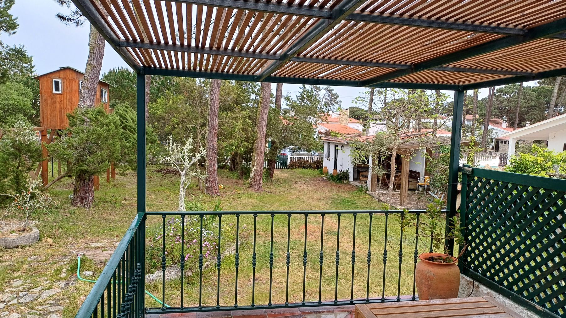 Vista do alpendre para a casa na árvore entre os pinheiros